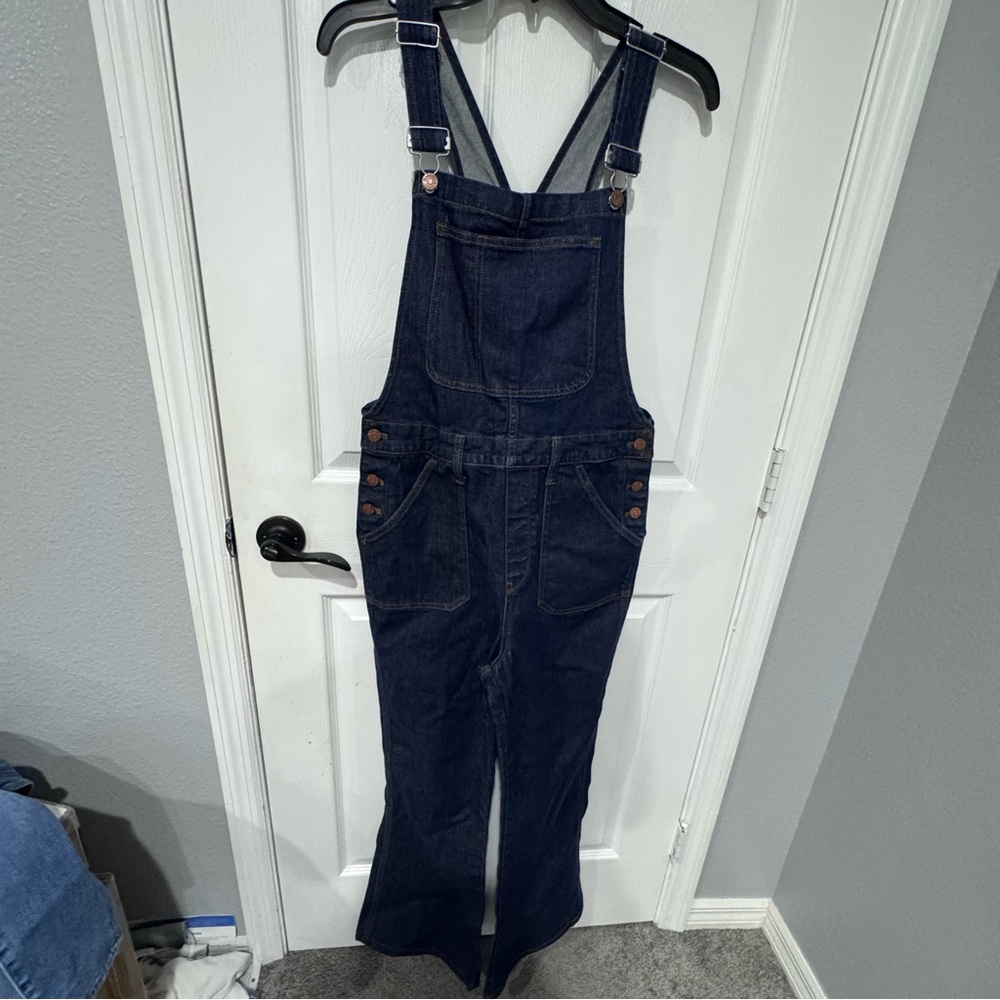 Madewell Denim Overalls L Dark‎ Wash Flare Leg Button Side Vintage Style